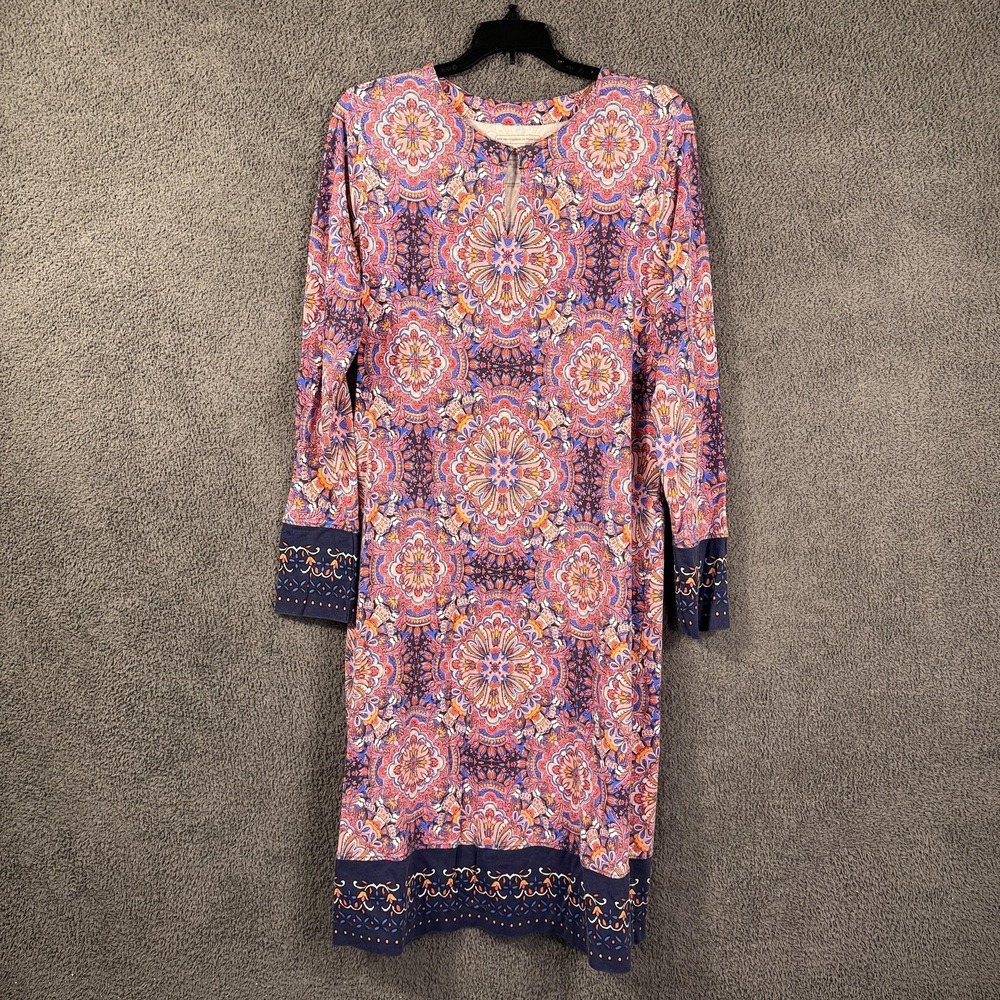 Coolibar Dress Womens Large Blue Pink Print Oceanside Midi UPF 50‎ Modest Boho